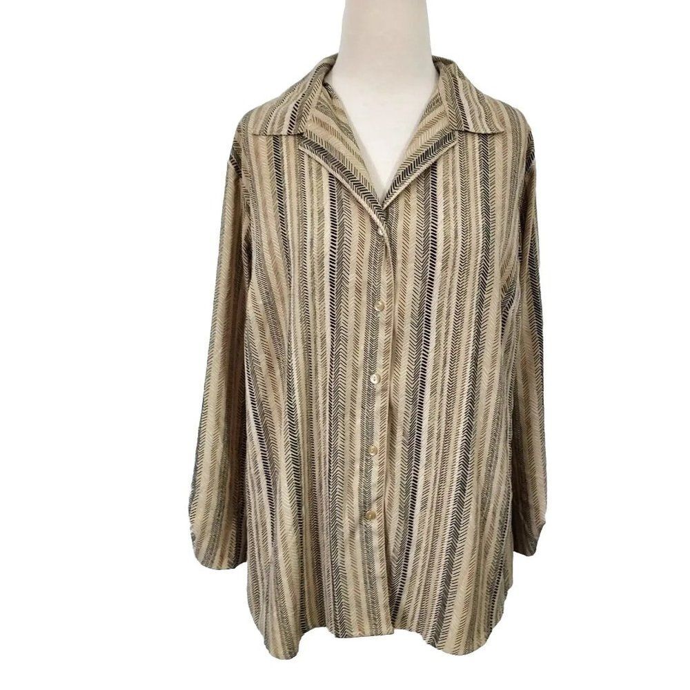 Covington Shirt Top Womens Plus 16 18W Button Up Roll Tab Sleeves Beige Blouse